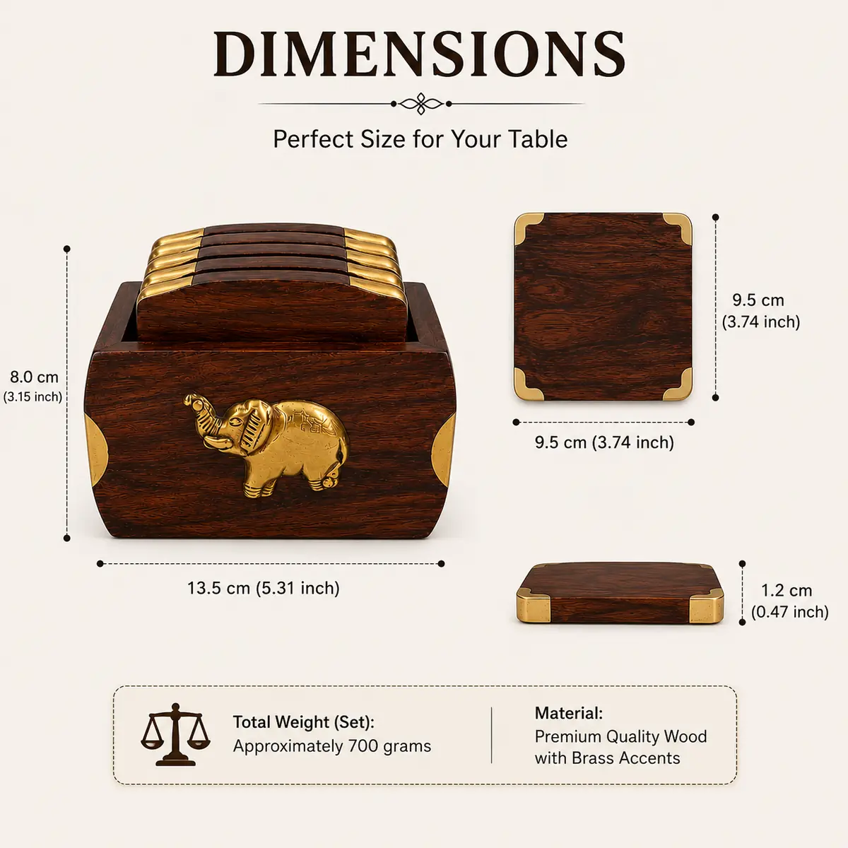 Sheesham wood elephant coaster set dimensions