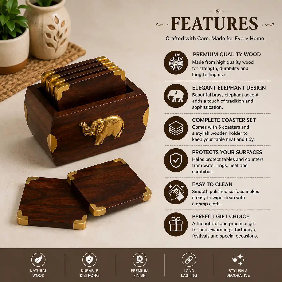 Features of Sheesham wood elephant coaster set with holder