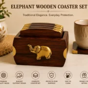Sheesham wood elephant coaster set with holder and six wooden coasters