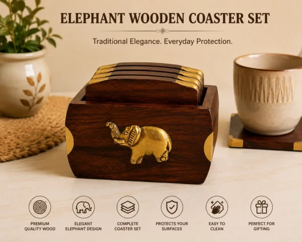 Elephant wooden coaster set with holder for drinks and table decor