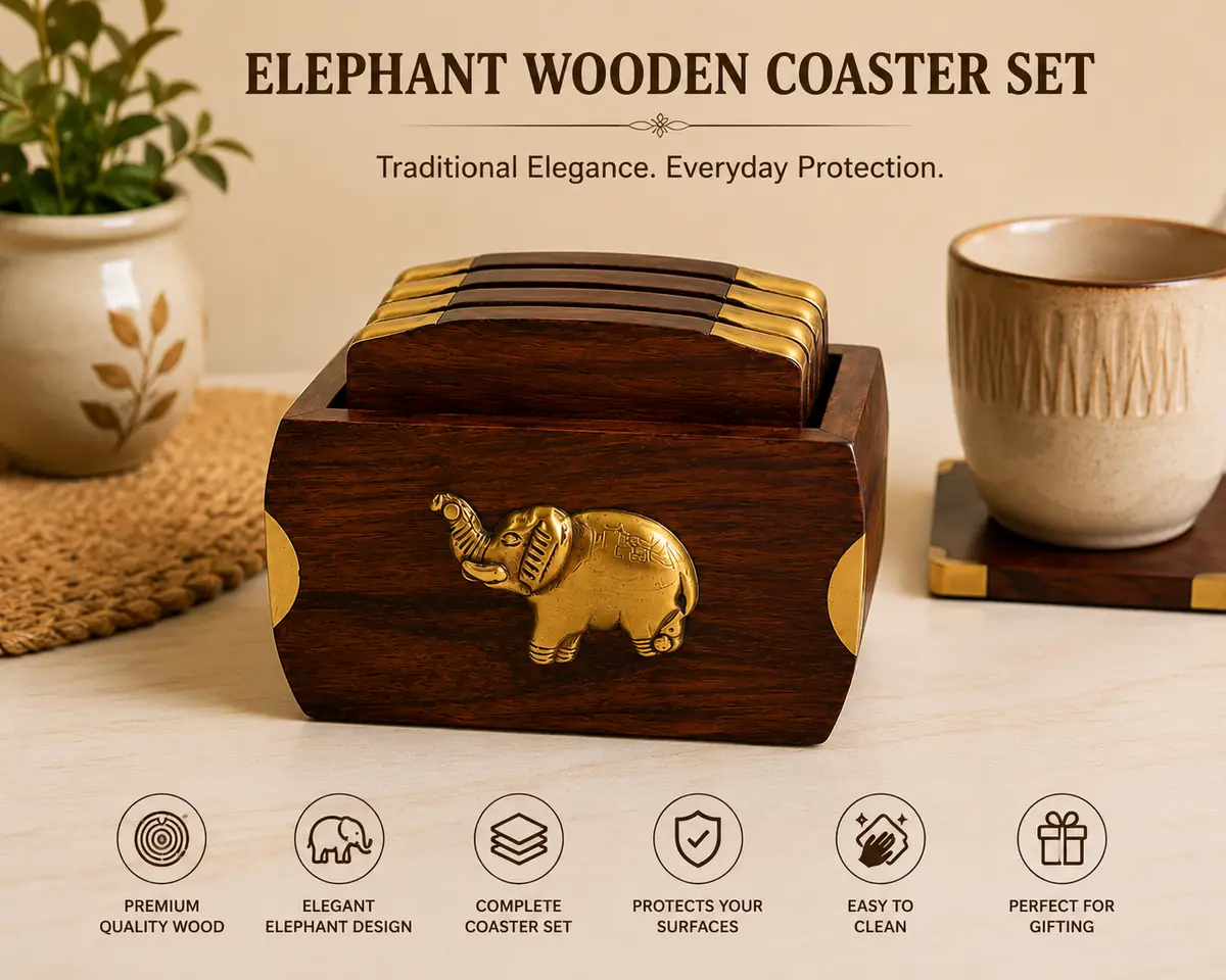 Sheesham wood elephant coaster set with holder and six wooden coasters