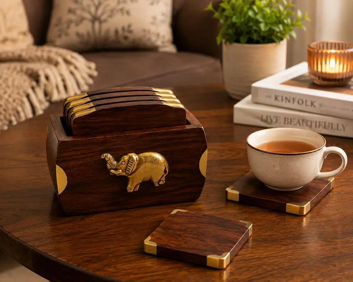Sheesham wood coaster set with holder on a table