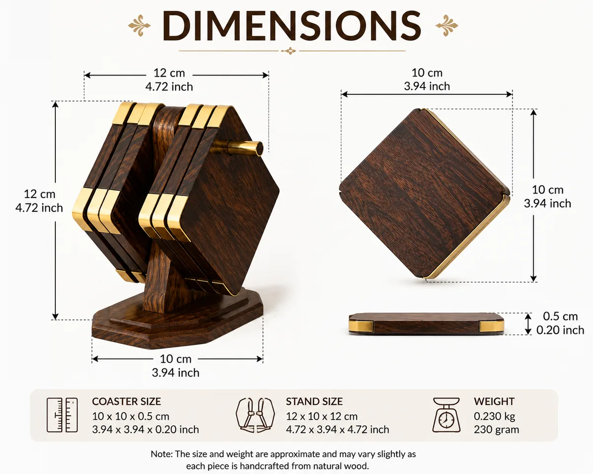 Sheesham wood kite coaster dimensions in cm and inch