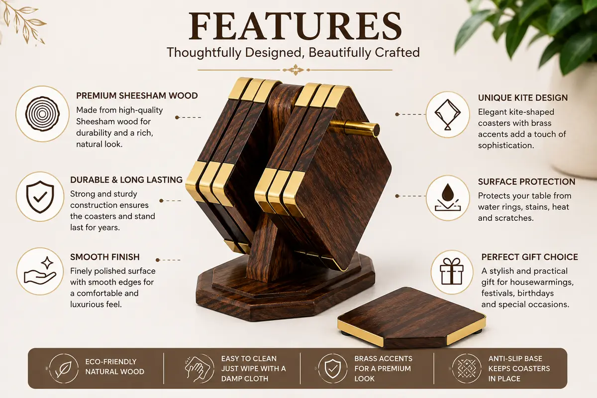 Sheesham wood kite coaster features