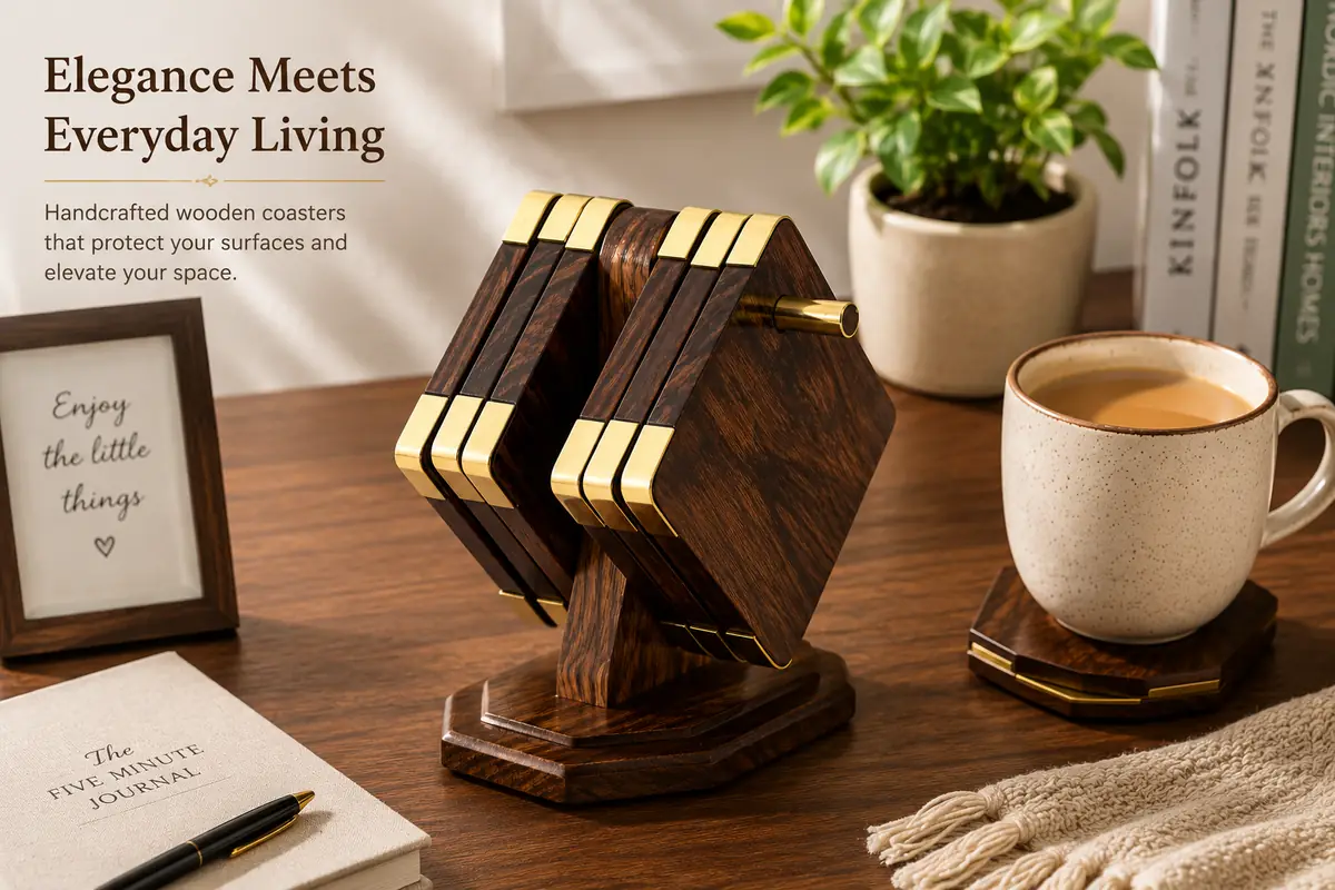 Sheesham wood kite coaster on table