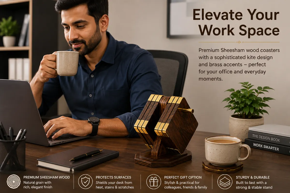 Sheesham wood kite coaster on office desk