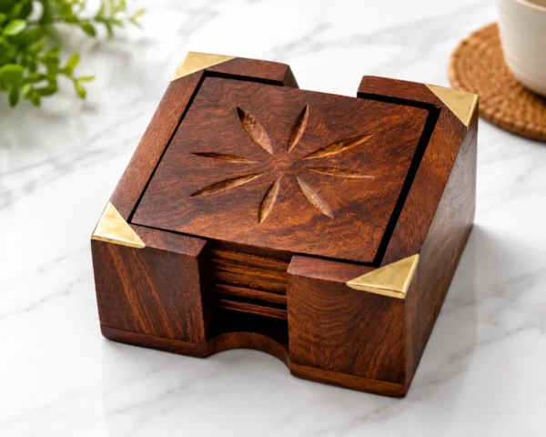 Square wooden coaster set with holder for coffee and tea