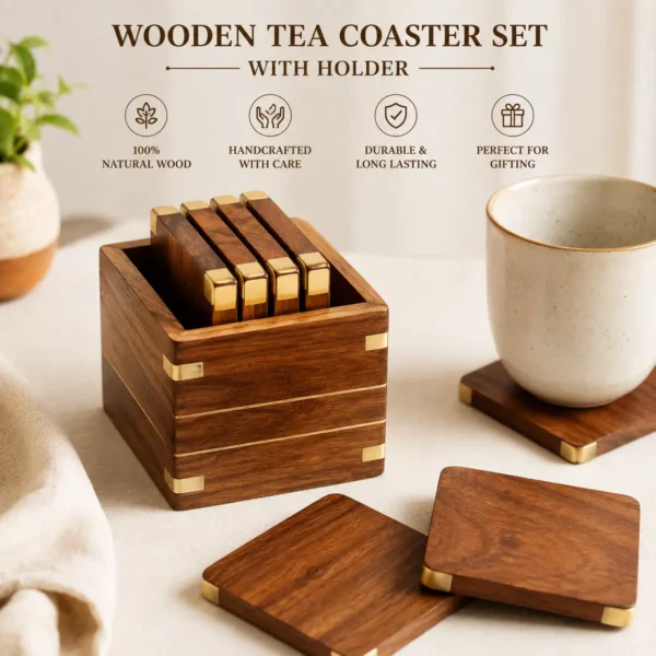 Wooden drink coasters with holder for coffee and everyday drinks