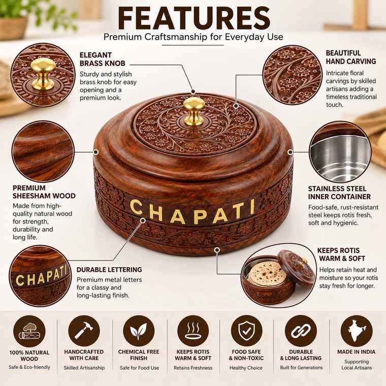 Floral carved Sheesham wood chapati box with wooden lid