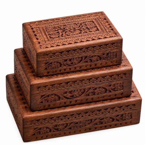 Carved wooden jewellery box set of 3