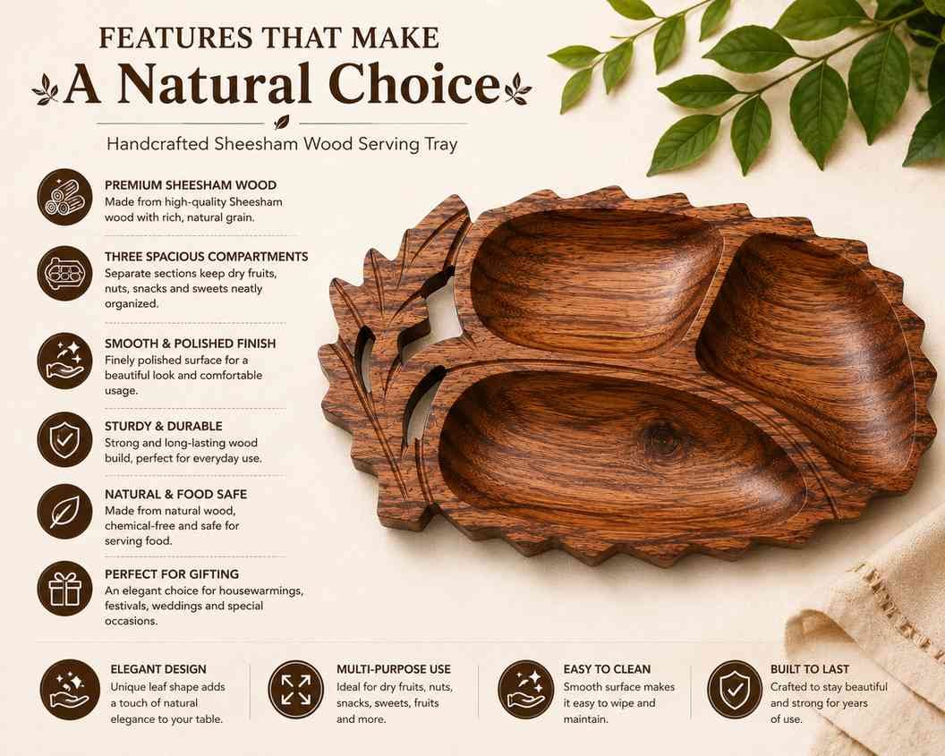 3 section wooden serving tray with divided compartments
