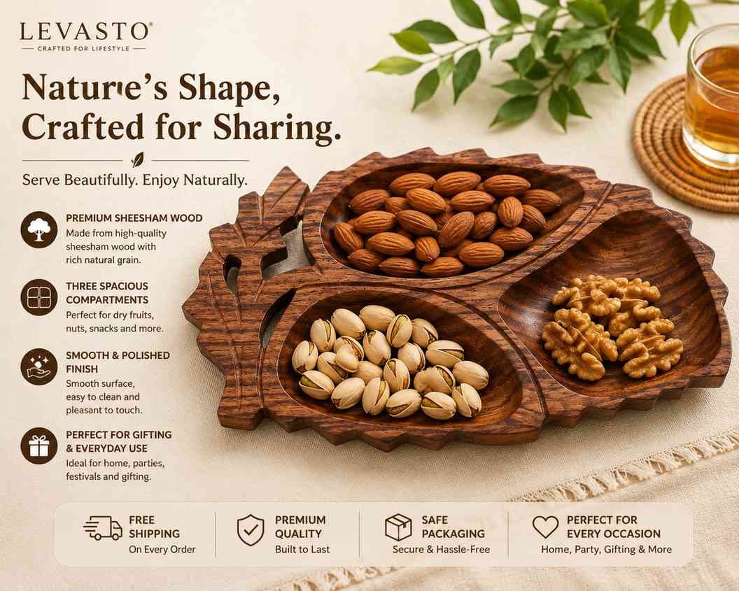 3 compartment wooden serving tray with handles