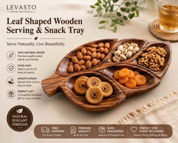 5 compartment wooden serving tray leaf shaped