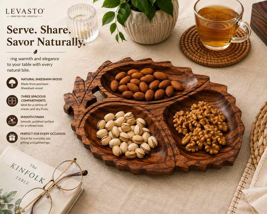 Sheesham wood 3 compartment serving tray with snacks