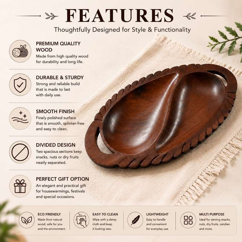 2 compartment Sheesham wood serving tray features