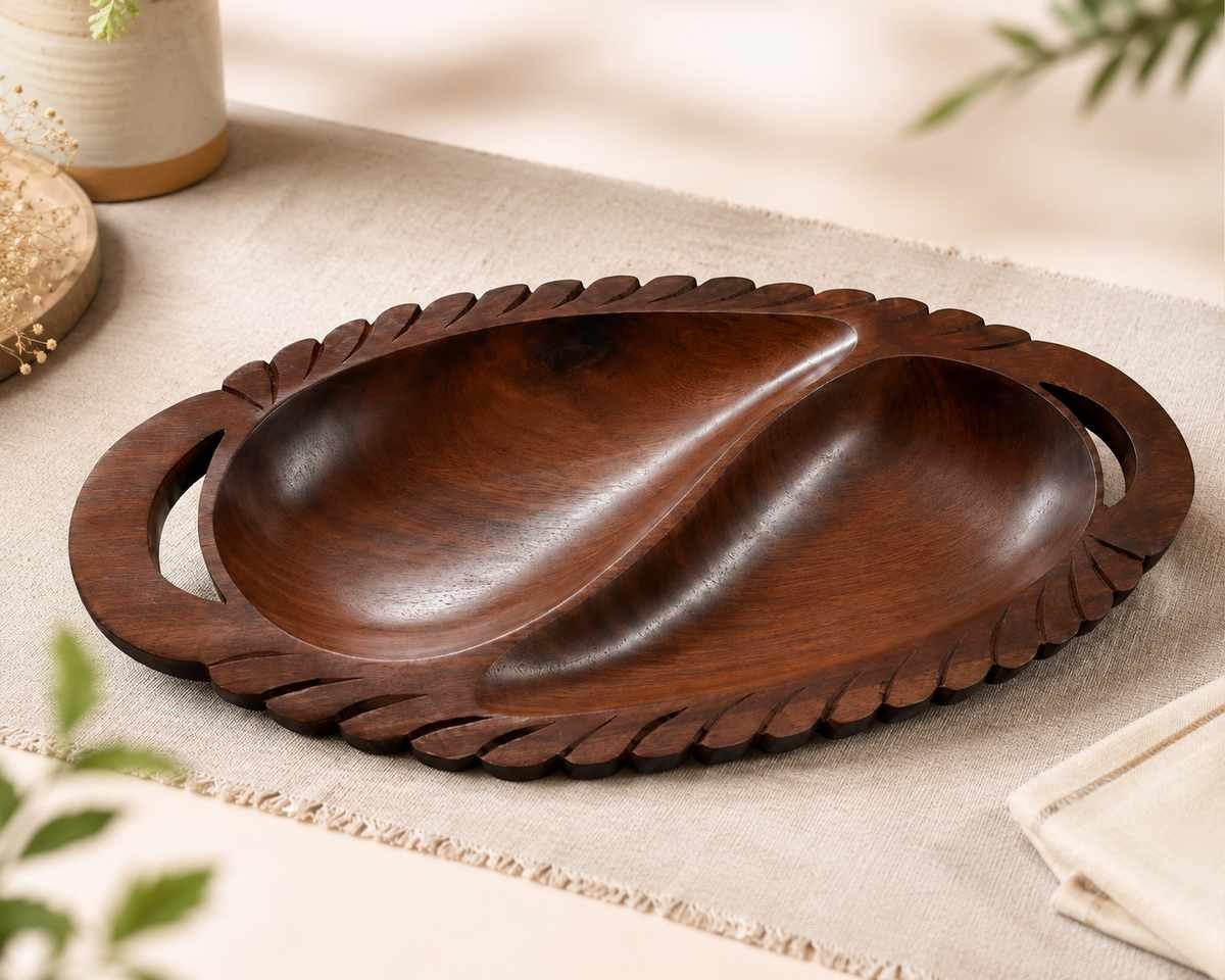 oval 2 compartment wooden serving tray