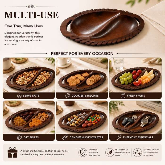 2 compartment wooden serving tray multi use