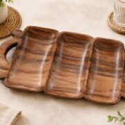 3 compartment Sheesham wood serving tray with handles