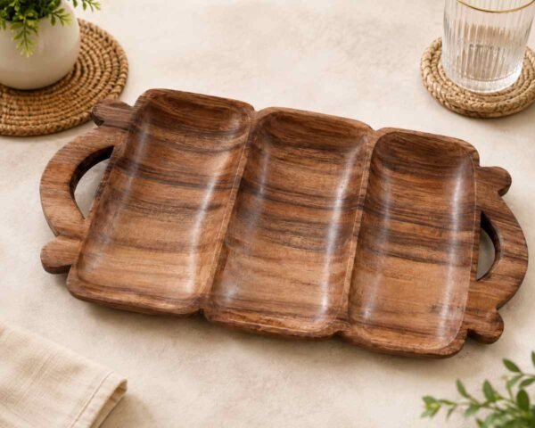 3 compartment Sheesham wood serving tray with handles