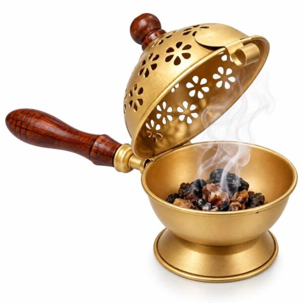 Golden metal loban dan open view with wooden handle