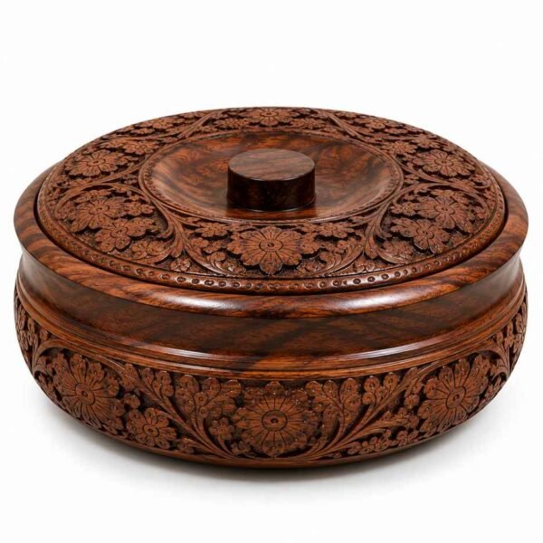 Premium carved Sheesham wood chapati box with decorative round lid