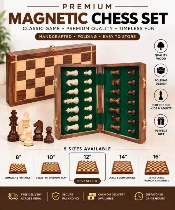 Sheesham wood magnetic folding chess board with 32 pieces
