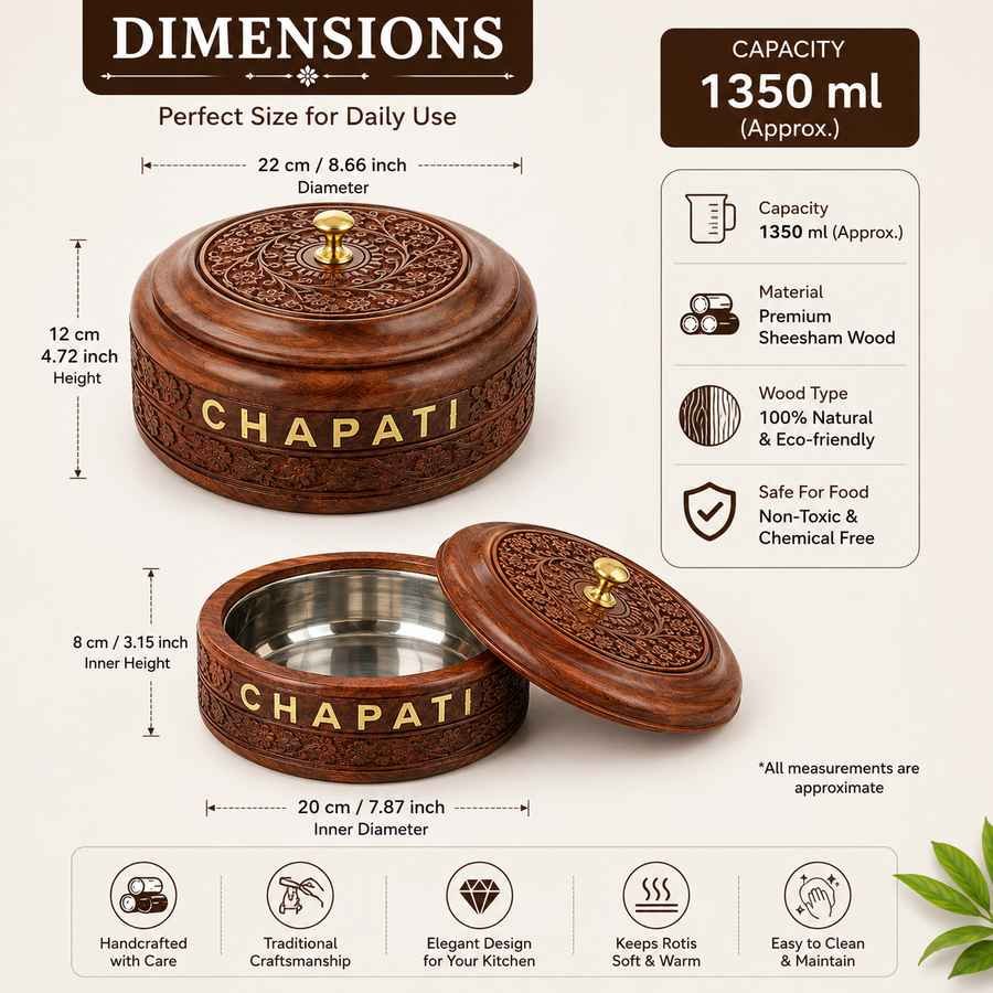 Sheesham wood chapati box 22.9 cm dimensions and 1350ml capacity