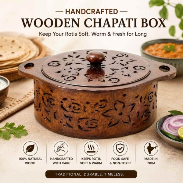 Leaf design wooden chapati box made from Sheesham wood
