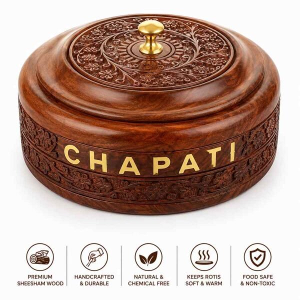 Sheesham wood chapati box 1350ml with floral carved lid