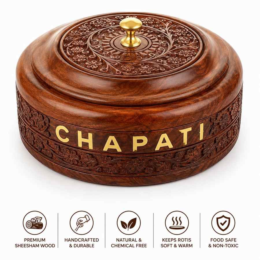 Sheesham wood chapati box 1350ml with floral carved lid