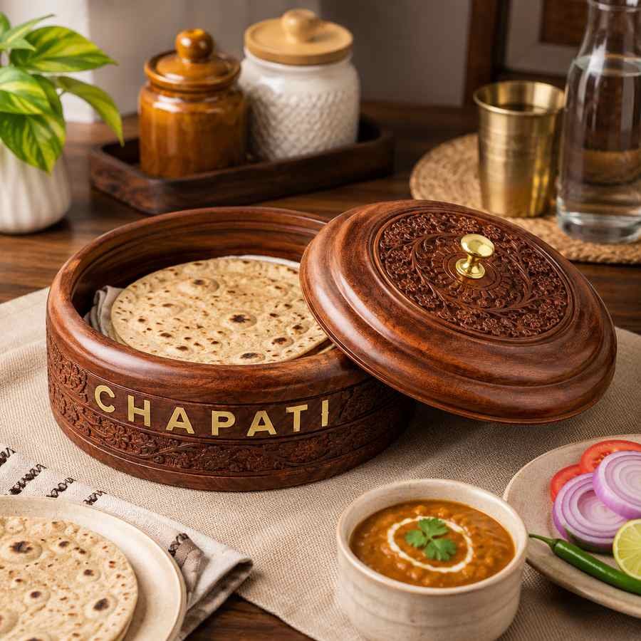 Sheesham wood chapati box for roti serving on dining table