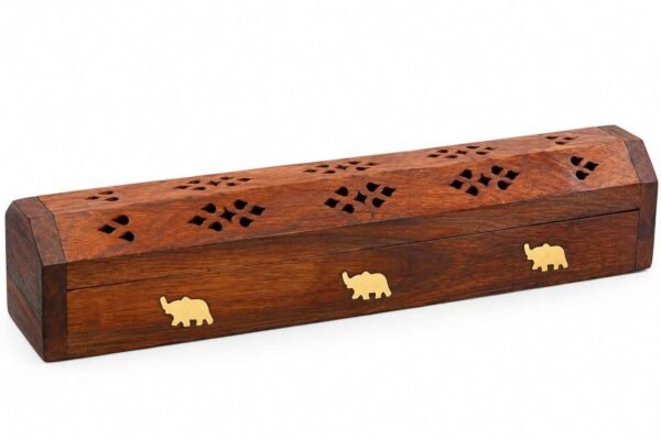 Wooden Sheesham incense holder with brass elephant inlays