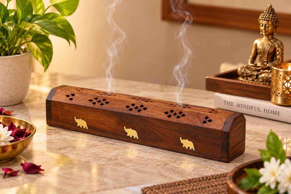 Wooden Sheesham incense holder for traditional home decor and pooja