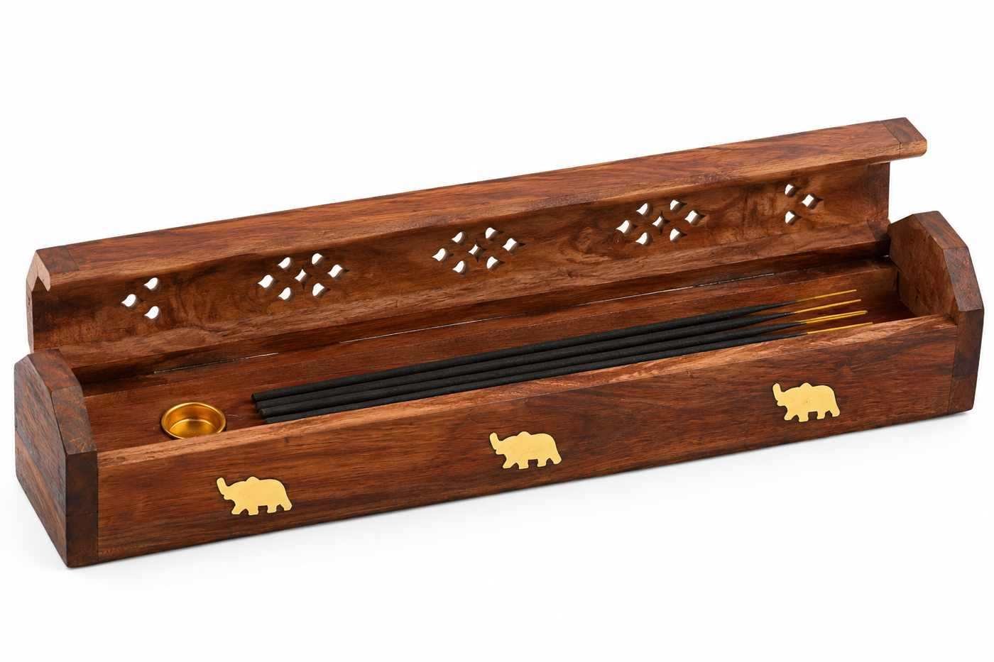 Wooden Sheesham incense holder open view with incense storage compartment