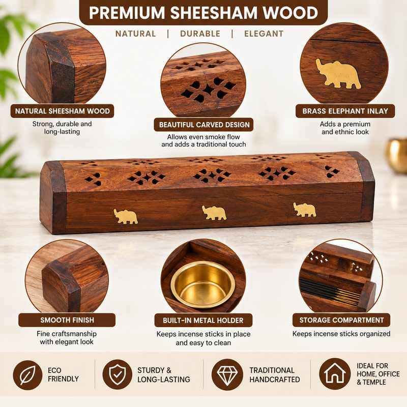 Sheesham wood incense holder with carved design brass elephant inlays and metal cup