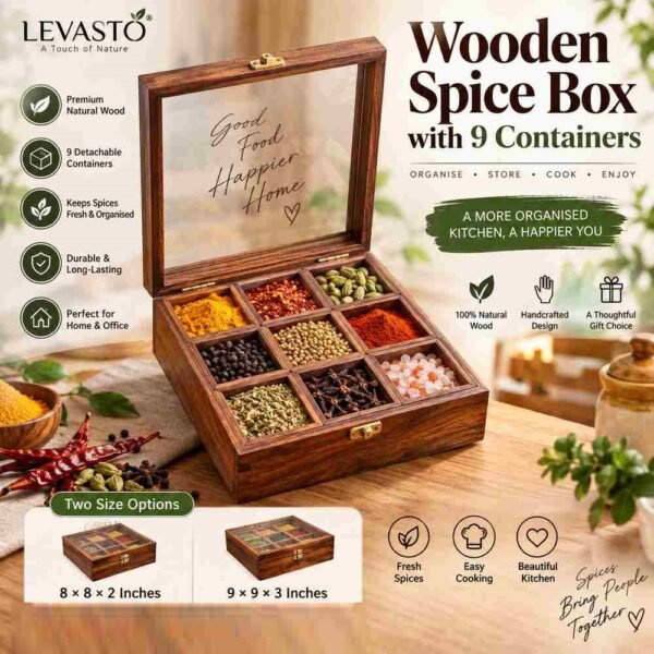 Wooden spice box with 9 containers