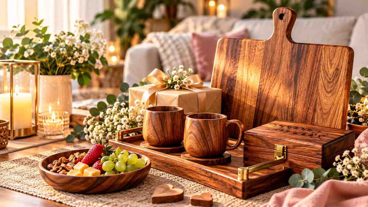 Wooden gifts for couples styled for shared use, home entertaining and meaningful keepsakes