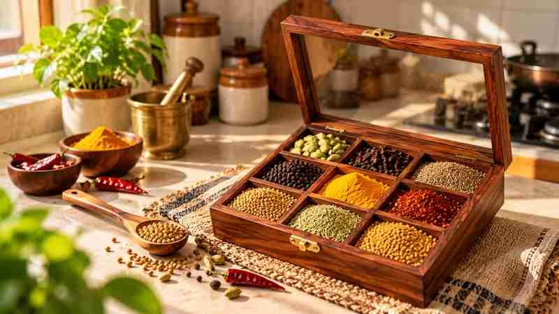 Open wooden spice box with colorful Indian spices in a warm natural Indian kitchen