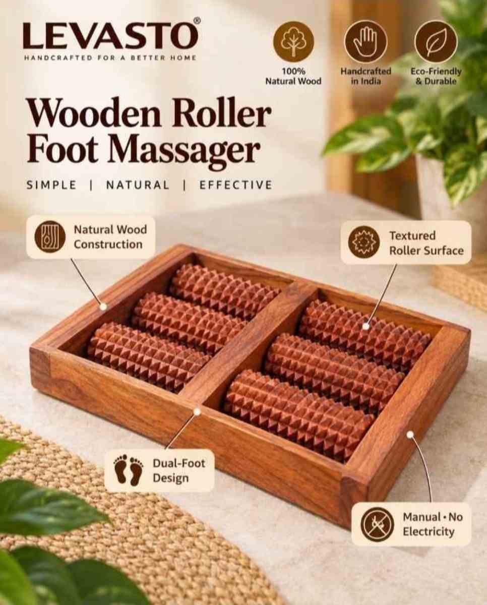 Wooden foot roller massager features with natural wood and textured rollers