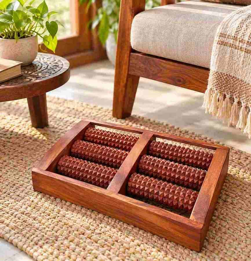 Wooden foot roller massager for home use and everyday relaxation