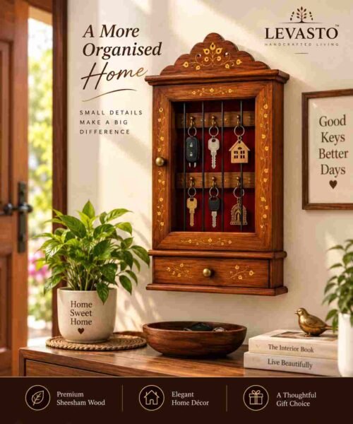 Wooden key holder mounted in a home entryway interior