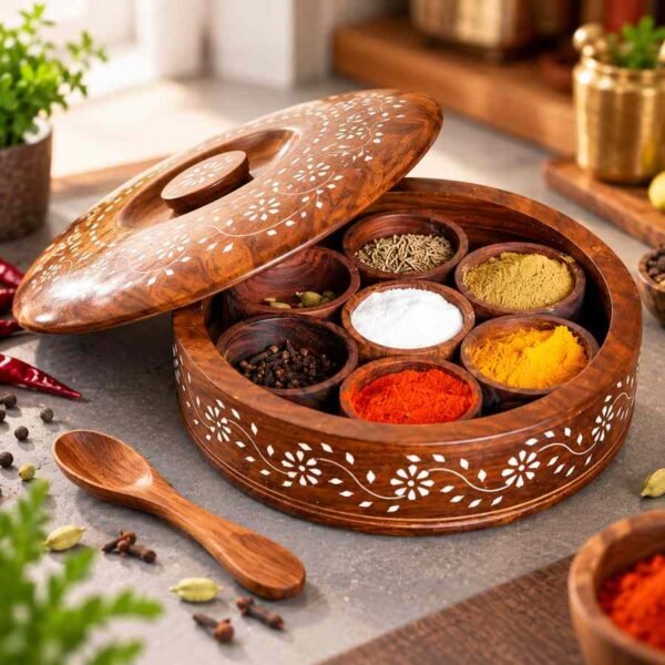 Round wooden spice box with 7 containers for organized kitchen spice storage