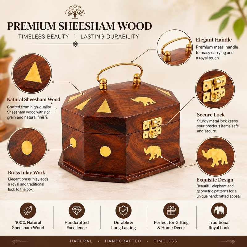 Sheesham wood decorative storage box with brass detailing and front latch