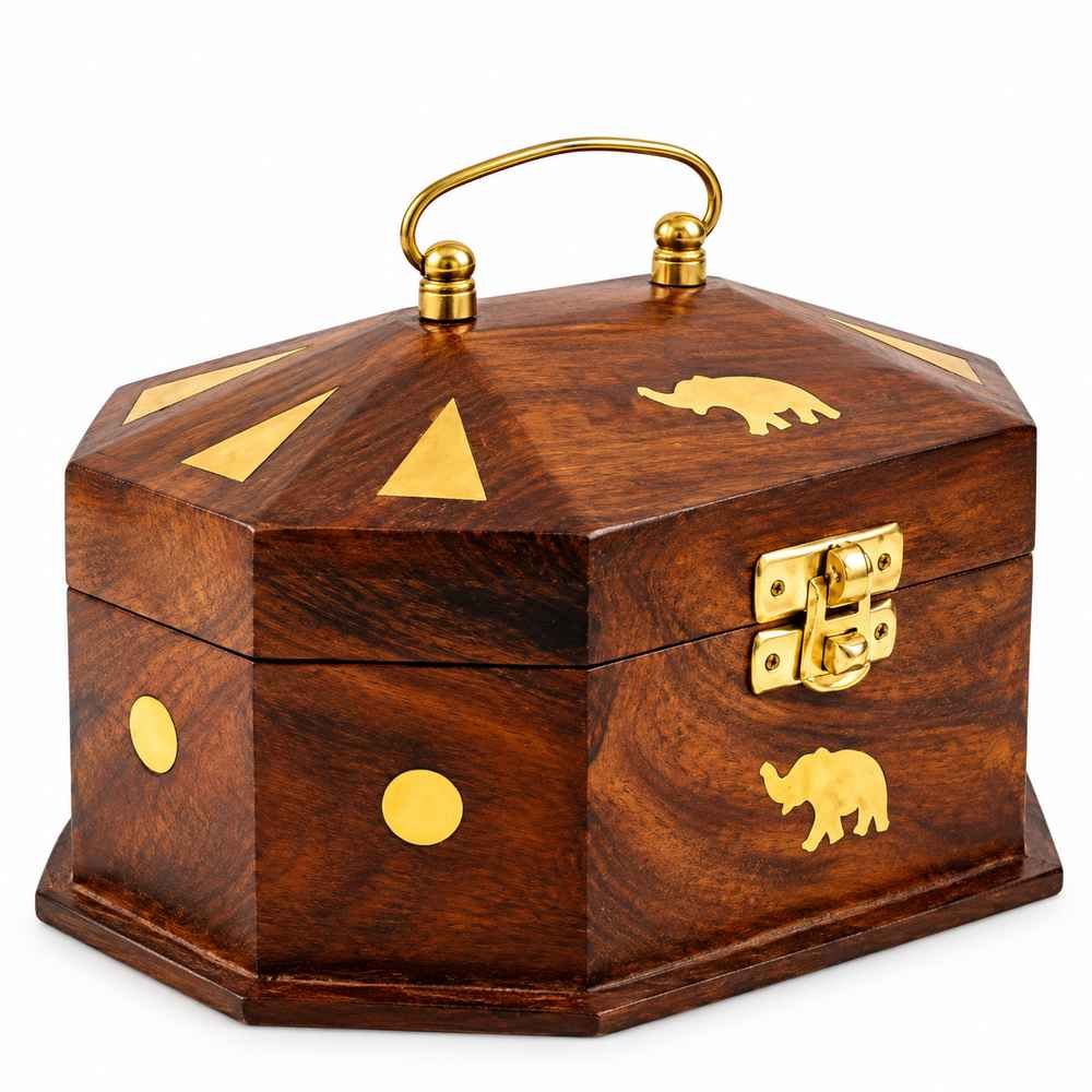 Handcrafted Sheesham wood decorative storage box with brass detailing