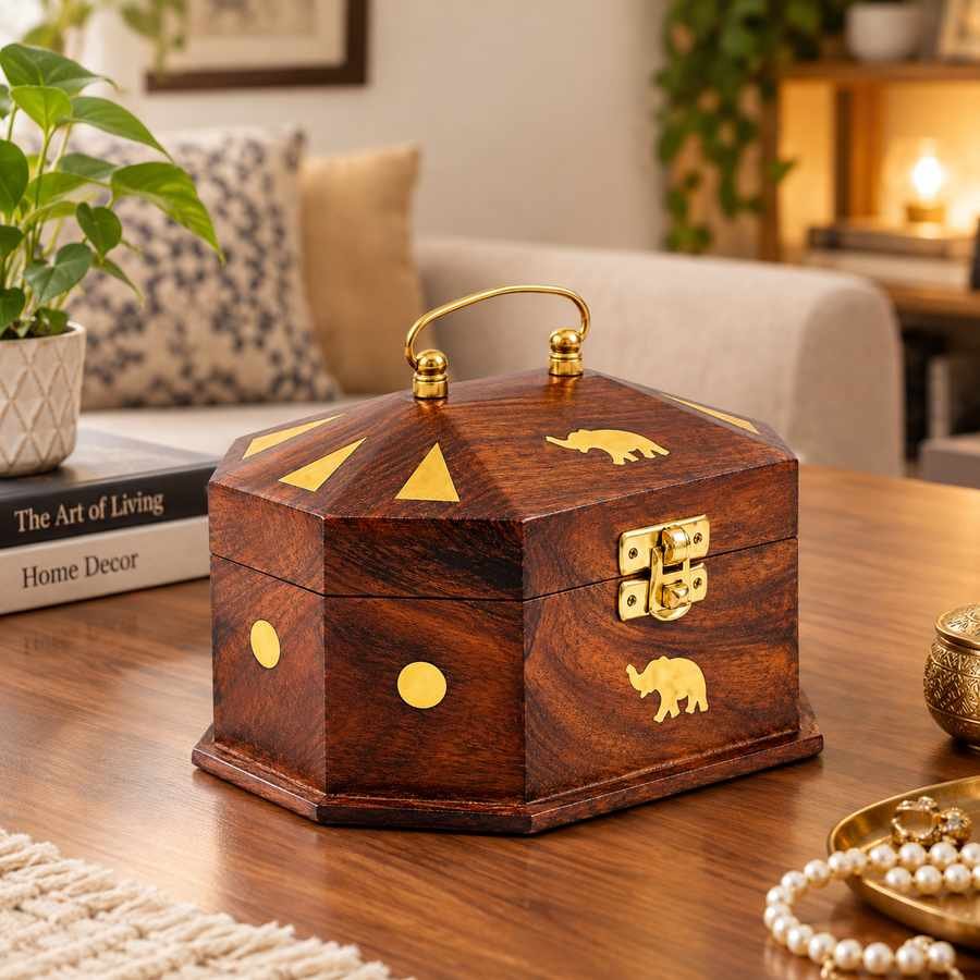 Sheesham wood decorative storage box displayed as home decor